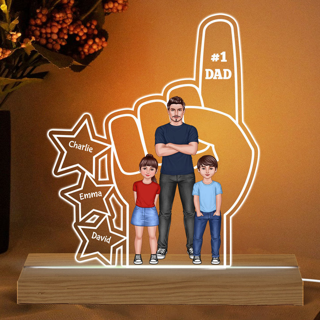 #1 Dad And Kids Standing Front View Hand Personalized Warm Acrylic Custom Shape LED Night Light