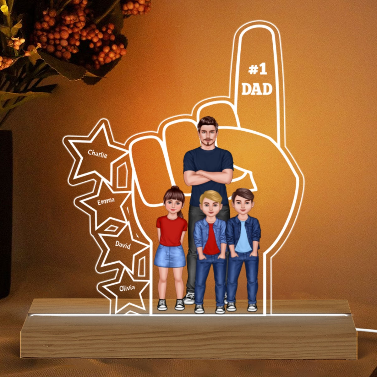 #1 Dad And Kids Standing Front View Hand Personalized Warm Acrylic Custom Shape LED Night Light