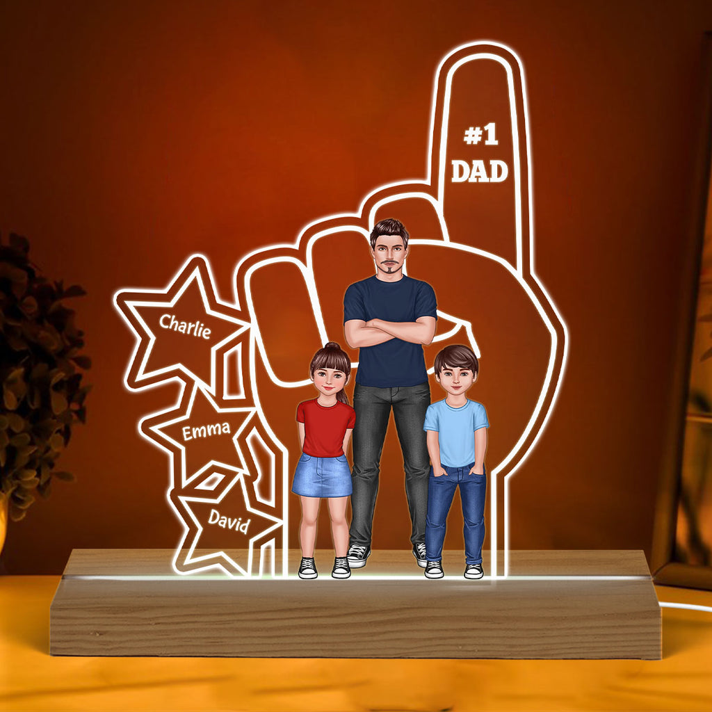 #1 Dad And Kids Standing Front View Hand Personalized Warm Acrylic Custom Shape LED Night Light