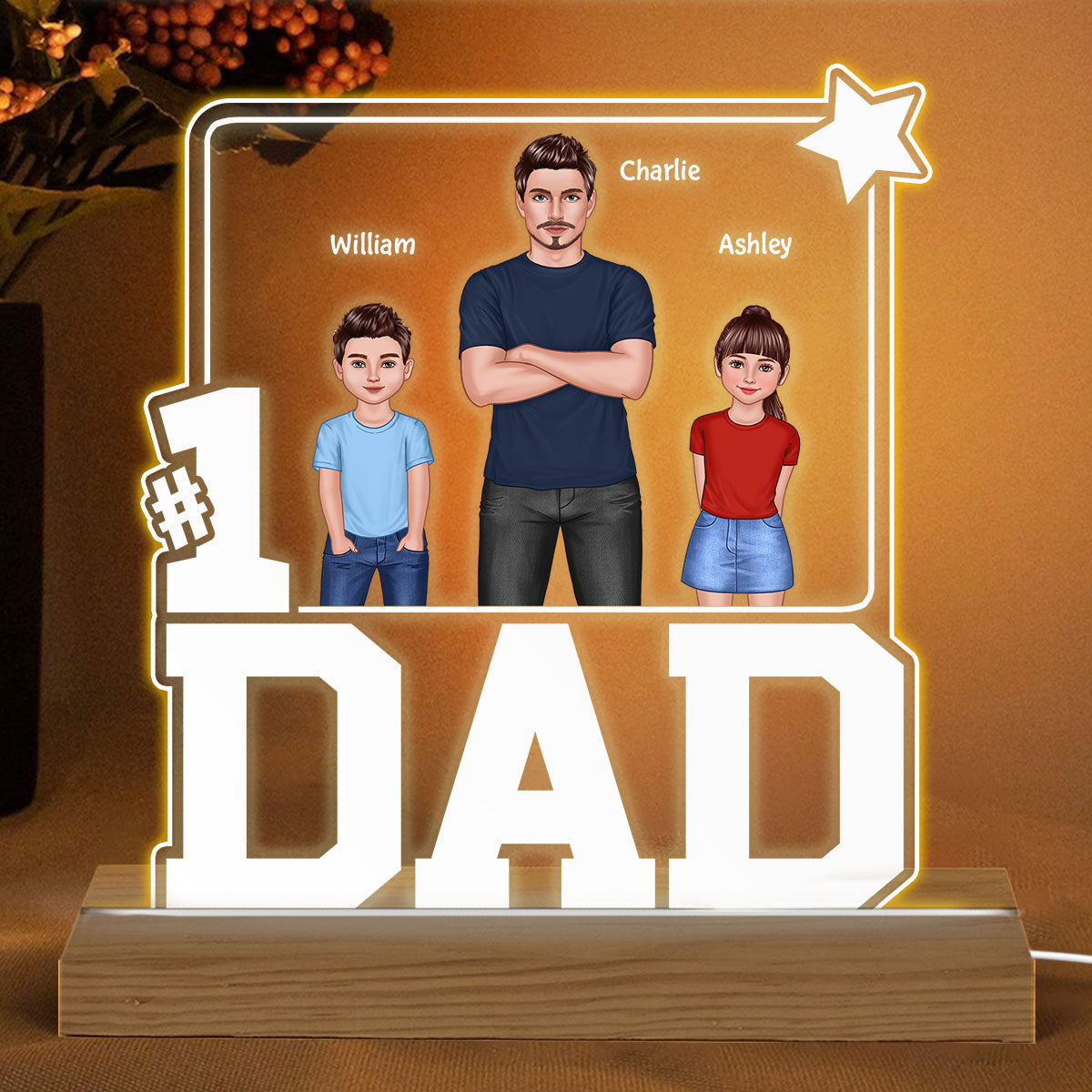#1 Dad Frame Dad And Kids Standing Front View Personalized Warm Custom Shape LED Night Light