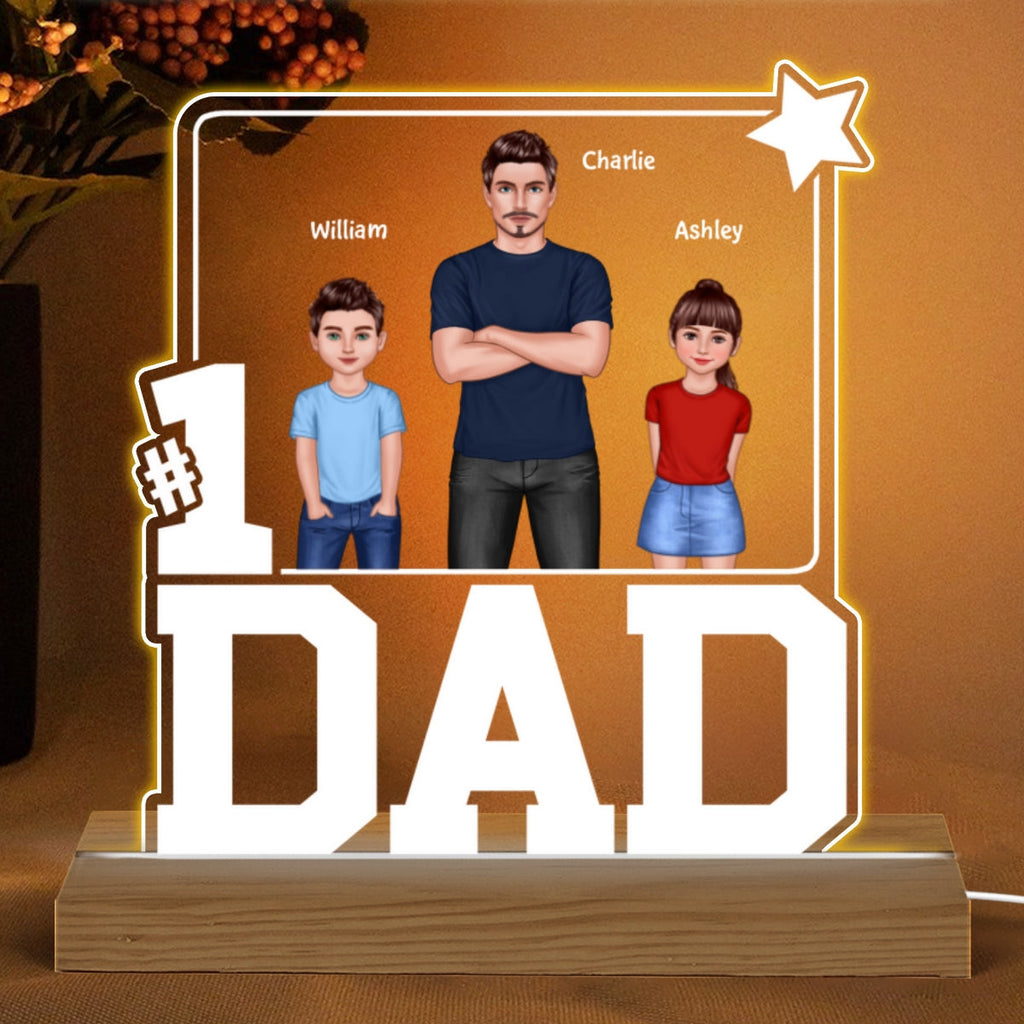 #1 Dad Frame Dad And Kids Standing Front View Personalized Warm Custom Shape LED Night Light