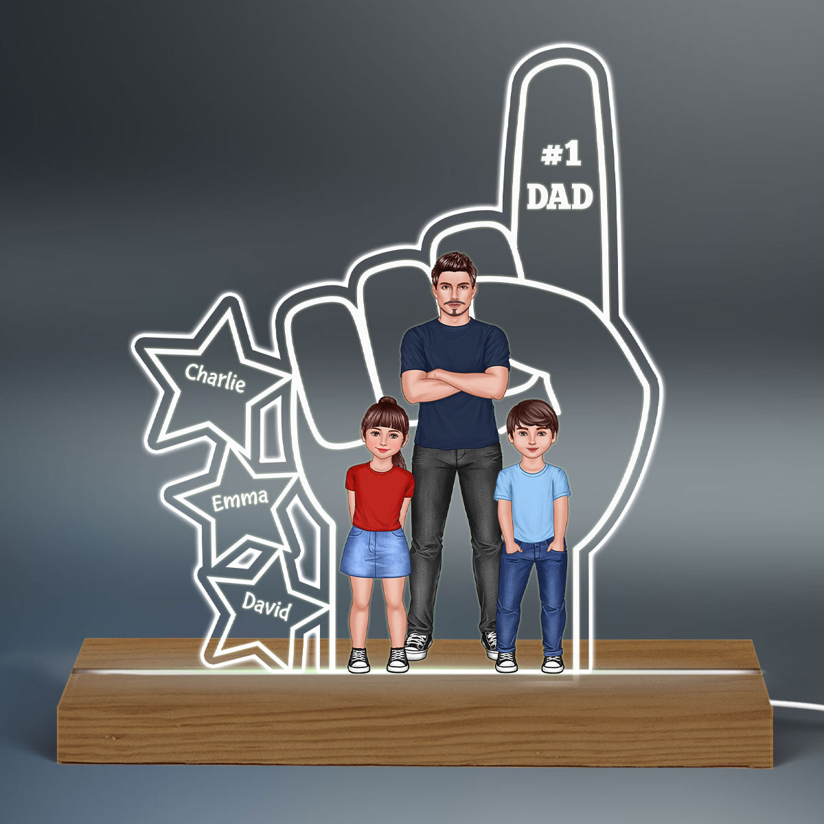 #1 Dad And Kids Standing Front View Hand Personalized Warm Acrylic Custom Shape LED Night Light