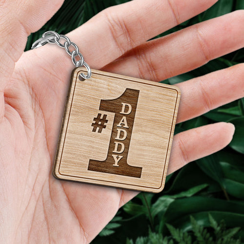 #1 Dad Grandpa Back View Sitting Personalized Wooden Keychain